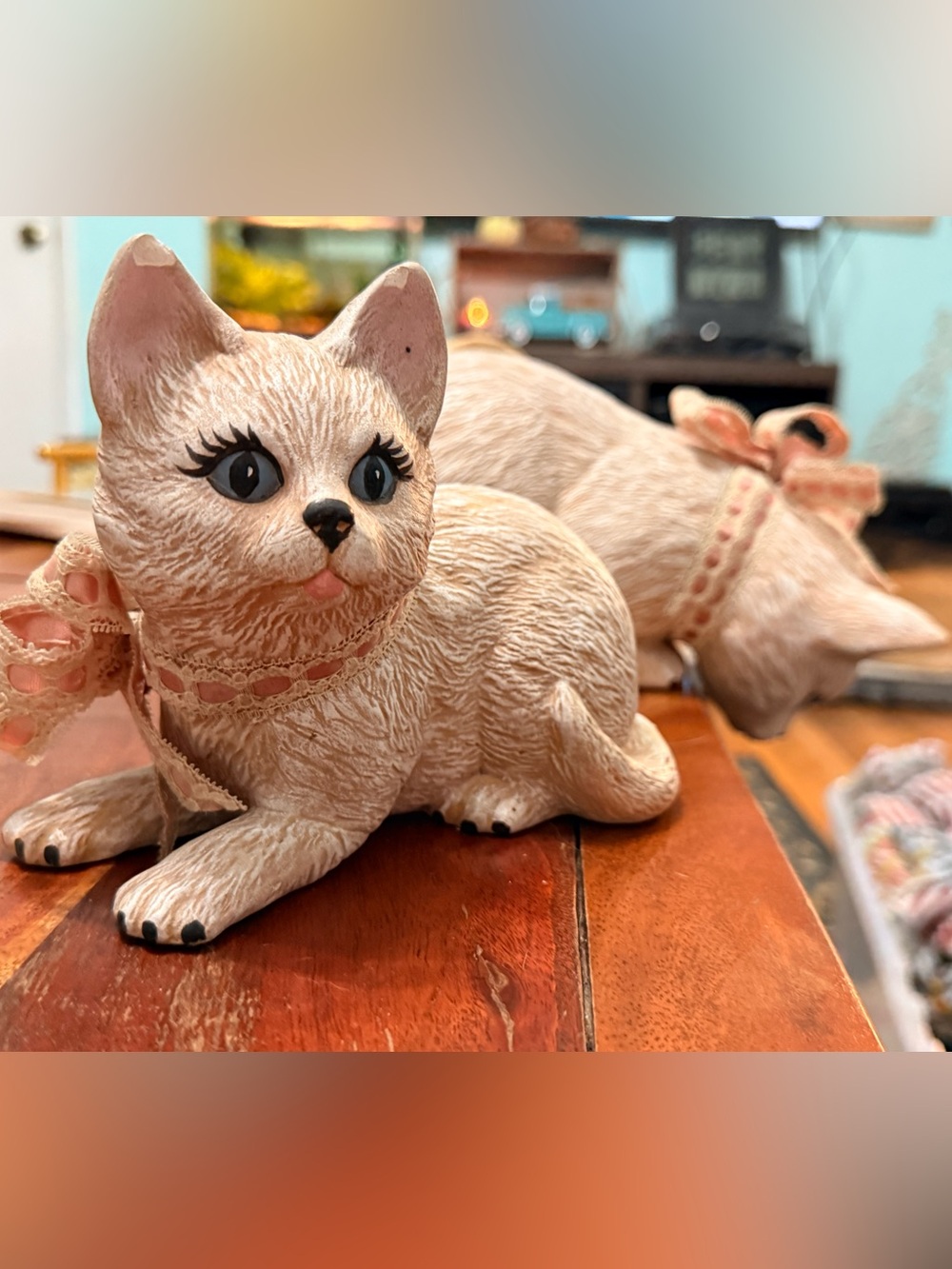 Pair of Pink Ceramic Kitten Figurines with Lace Bows shabby chic cottagecore